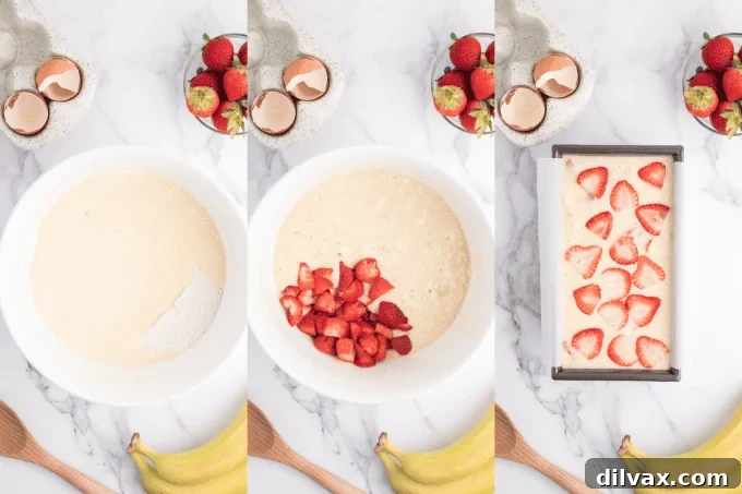Process photos for making Strawberry Banana Bread showing mixing and pouring batter