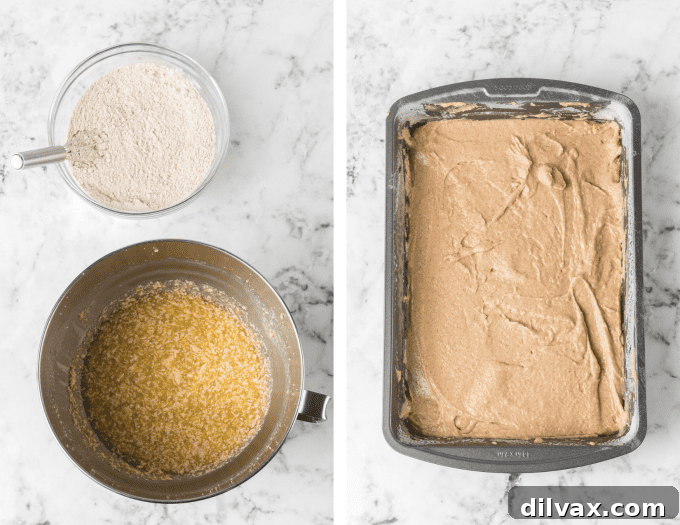 Process shots showing how to make Applesauce Cake from mixing to baking.