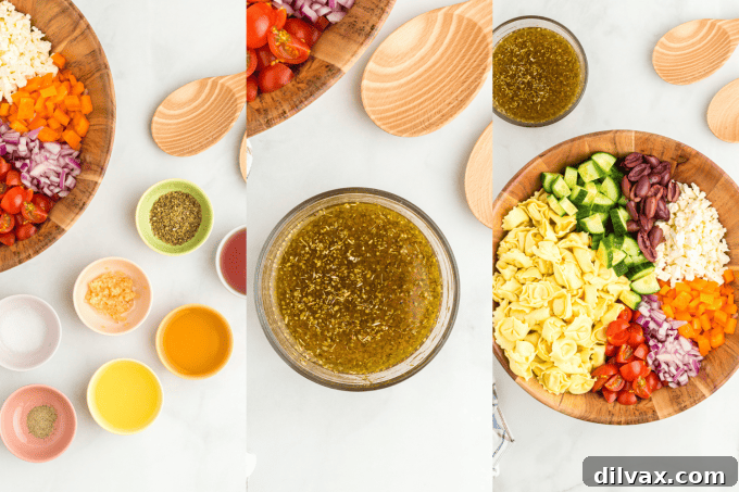 Zesty Greek Tortellini Pasta Salad 4 Step-by-step process photos for making Greek Tortellini Pasta Salad.