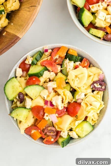 Zesty Greek Tortellini Pasta Salad 9 A large bowl of Greek Pasta Salad, ready to be served.