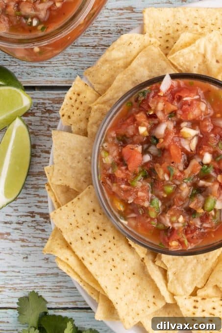 Lightning-Fast Homemade Salsa 7 A bowl of fresh homemade salsa surrounded by tortilla chips.