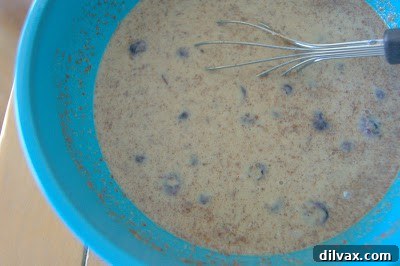 The same large mixing bowl, now showing the flour-coated blueberries and dried cranberries mixed into the creamy rice batter, ready for baking.