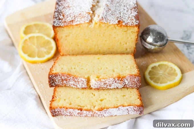 Slices of a perfectly baked Lemon Ricotta Pound Cake, showing its moist and tender crumb.