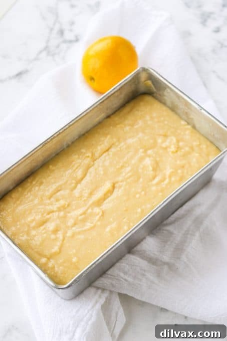 Unbaked Lemon Ricotta Pound Cake batter in a loaf pan, perfectly smooth and ready for the oven.