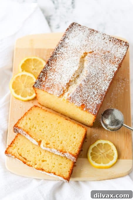 Overhead view of a beautiful Lemon Ricotta Pound Cake, golden and inviting.
