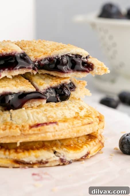 Sweet Air Fryer Blueberry Pockets 3 A close-up of two golden, sugar-dusted Air Fryer Blueberry Hand Pies, showcasing their flaky crust.