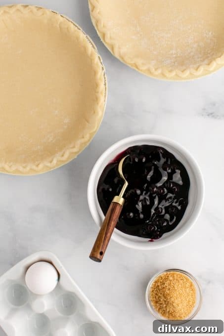 Sweet Air Fryer Blueberry Pockets 4 Assortment of ingredients for Air Fryer Blueberry Hand Pies, including pie crust, blueberry filling, egg, and sugar.