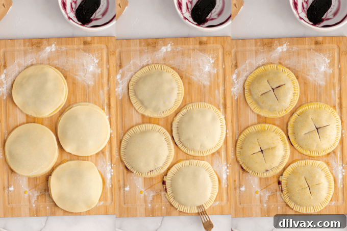 Sweet Air Fryer Blueberry Pockets 5 A sequence of process photos showing blueberry hand pies being assembled and prepared for the air fryer.