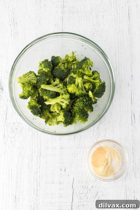 Broccoli florets seasoned with garlic powder and salt before roasting