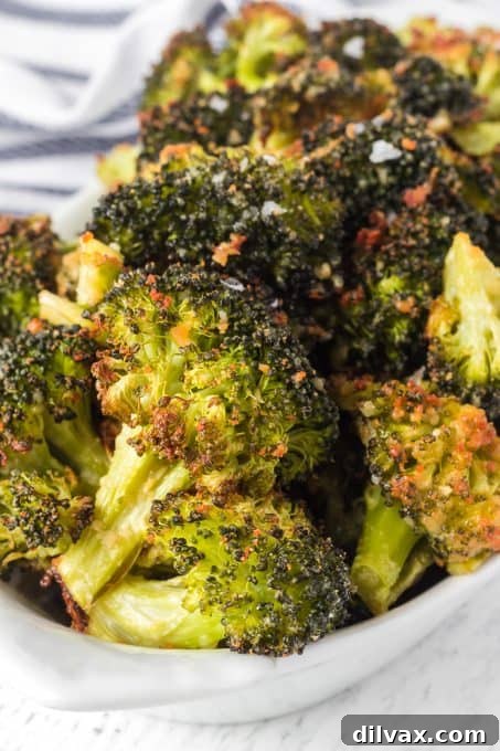 Broccoli roasted with Parmesan cheese, olive oil, and garlic powder, served hot