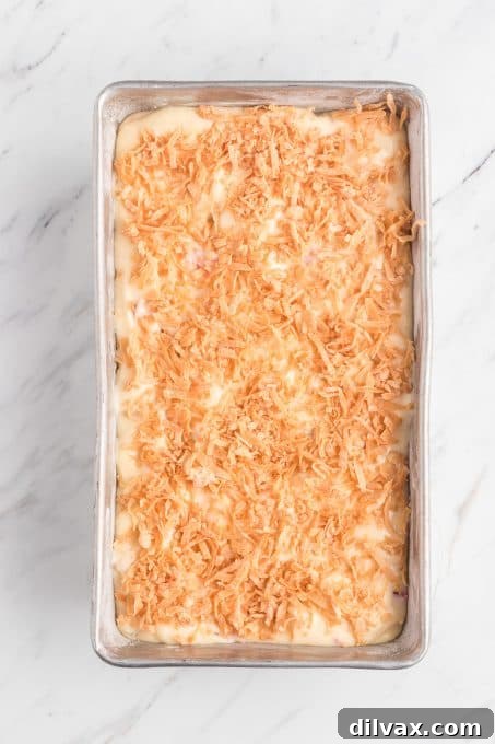 Toasted Coconut on a pineapple coconut quick bread.