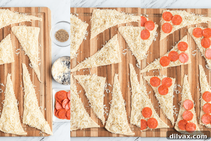 Effortless Pepperoni Crescent Rolls 5 Step-by-step process shots for assembling Pepperoni Crescent Rolls, showing dough, cheese, pepperoni, and rolling.