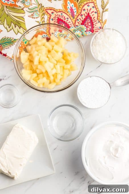 Pina Colada Paradise Dip 4 Key ingredients laid out for making the Pina Colada Dip.