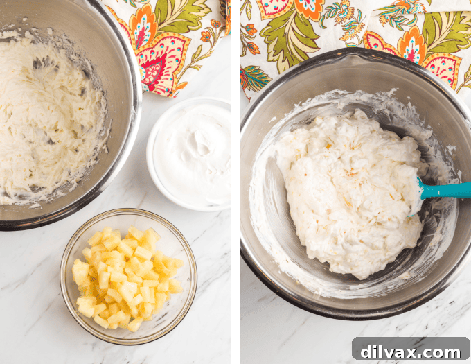 Pina Colada Paradise Dip 5 Step-by-step photos illustrating the Pina Colada Dip making process.