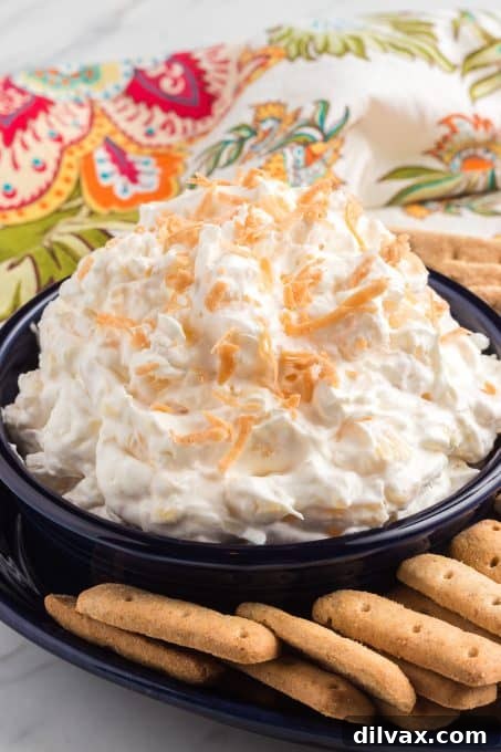 Pina Colada Paradise Dip 8 A tropical cheesecake dip garnished with toasted coconut flakes.