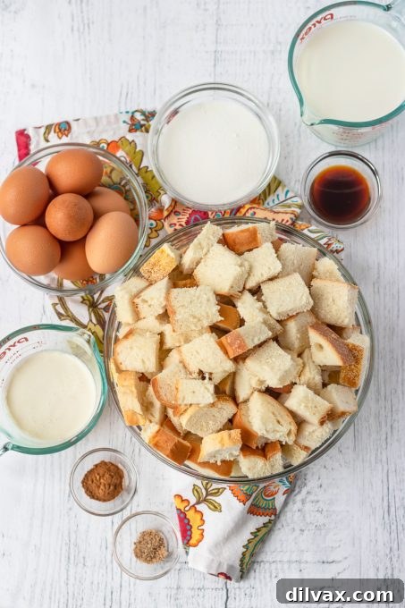 Cinnamon French Toast Casserole 4 Ingredients laid out for making Cinnamon French Toast Casserole.