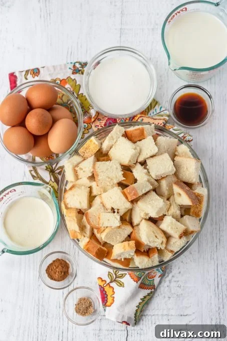 Overnight Cinnamon French Toast Bake 4 Essential ingredients laid out for making Cinnamon French Toast bake.