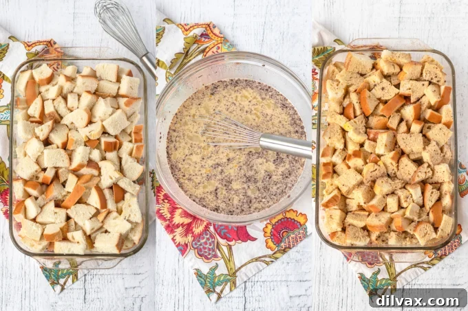 Overnight Cinnamon French Toast Bake 5 Step-by-step process shots for assembling overnight French Toast.