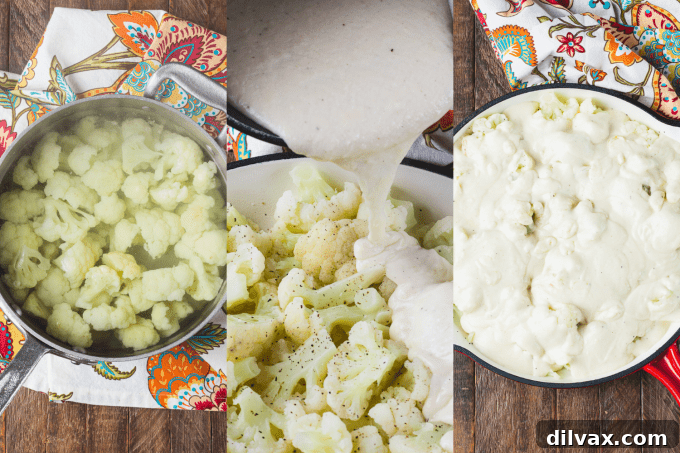 More process steps for Cauliflower gratin showing assembly before baking.
