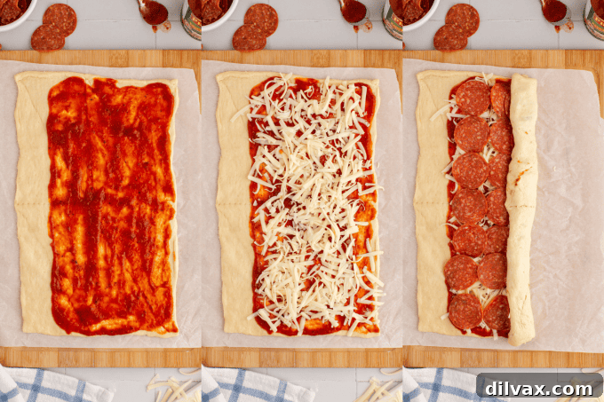 Process photos for preparing Pepperoni Pizza Pinwheels, showing dough spread with sauce and toppings.