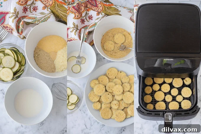 Golden Cornmeal Zucchini Crisps 5 A four-panel collage illustrating the preparation steps: slicing zucchini, dipping in milk, coating with cornmeal breading, and ready for cooking.