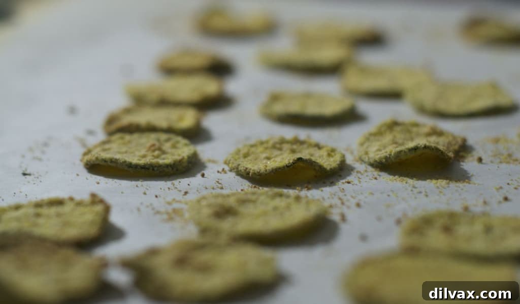 Golden Cornmeal Zucchini Crisps 10 Crispy Cornmeal Breaded Zucchini Chips baked golden brown in the oven, artfully arranged on a parchment-lined baking sheet.