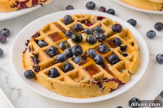 Blueberry Waffles, perfectly golden with a dusting of powdered sugar and fresh berries.