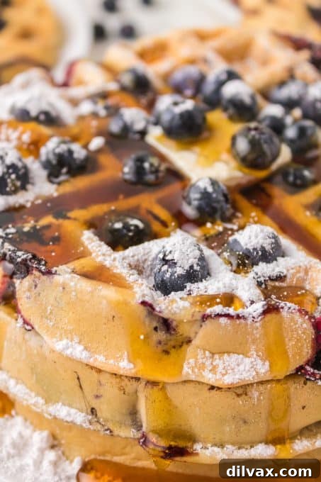 A close-up shot of fluffy blueberry waffles stacked high with fresh blueberries.