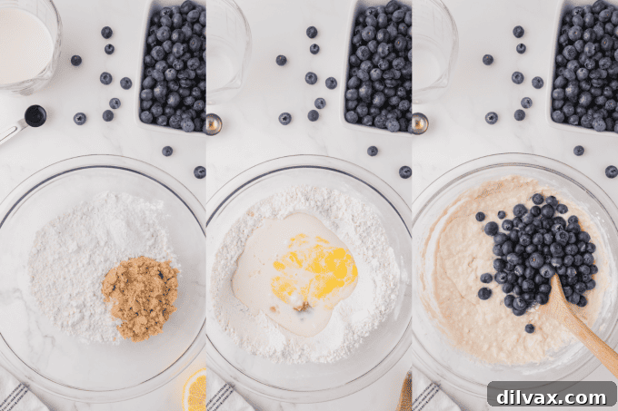 A series of process photos showing how to make blueberry waffles from mixing to cooking.