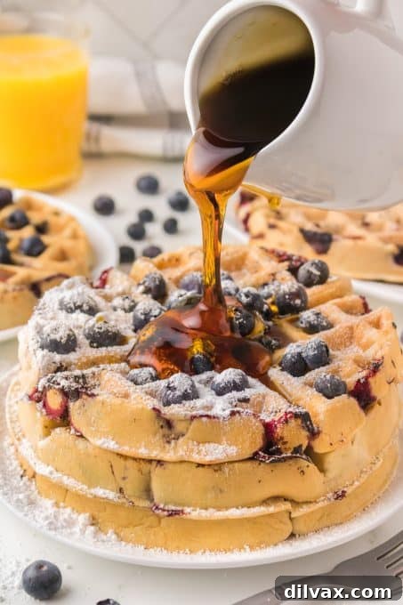 Maple syrup drizzling over a stack of blueberry waffles, topped with fresh berries.