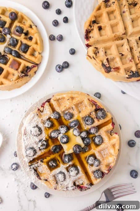 Blueberry waffles topped with powdered sugar, a pat of butter, and fresh blueberries.