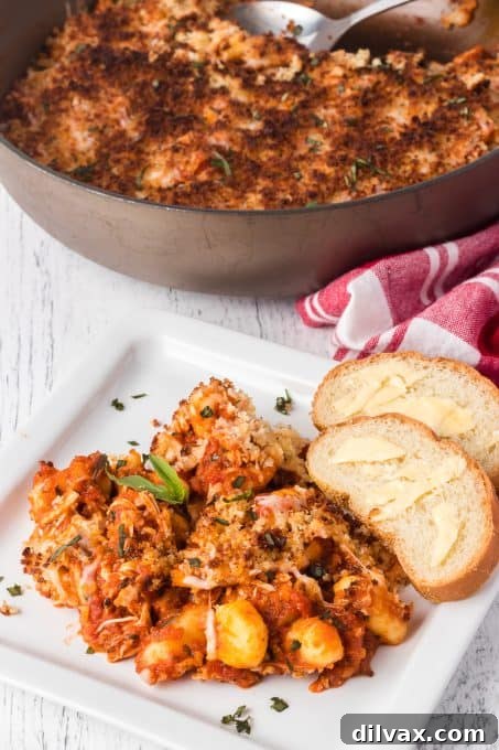 Close-up of fluffy gnocchi and shredded chicken in tomato sauce with melted mozzarella