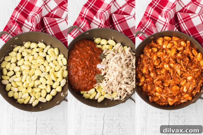 First steps of cooking Chicken Parmesan Gnocchi, showing sautéing and mixing in a skillet