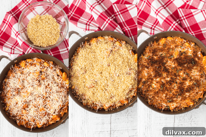 Second set of process photos for Chicken Parmesan Gnocchi, showing the dish topped with cheese and breadcrumbs before broiling