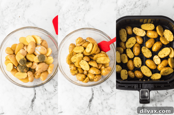 Perfectly Crispy Air Fryer Potato Bites 6 Step-by-step photos of preparing baby potatoes for the air fryer