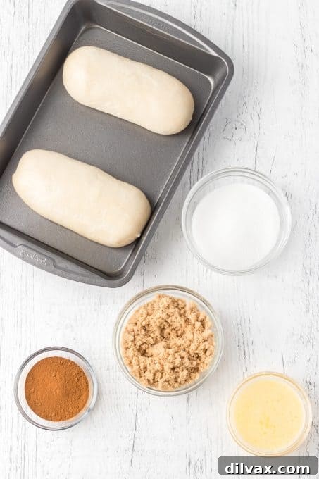 Moms Homemade Monkey Bread 4 Key ingredients laid out for making Monkey Bread: dough, sugars, and cinnamon.