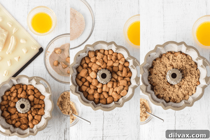 Moms Homemade Monkey Bread 6 Sequential photos of Monkey Bread preparation, from dough to baked treat.