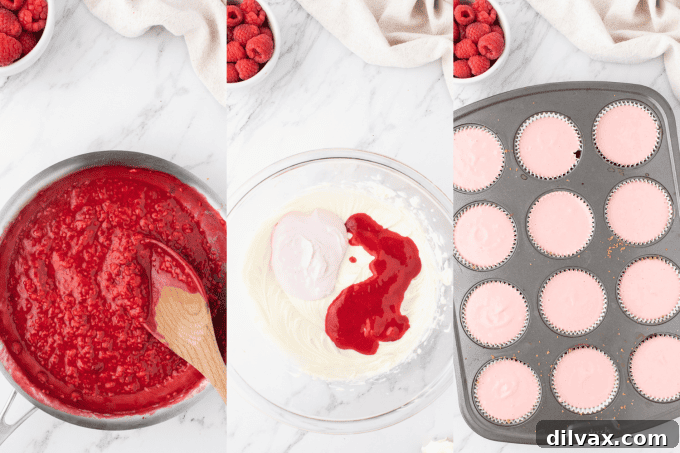 Petite Raspberry Cheesecakes 5 Process photos showing the steps for making Mini Raspberry Cheesecakes