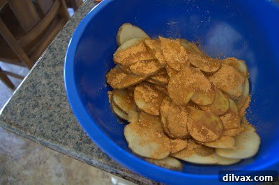 Potato slices drizzled with olive oil and sprinkled with taco seasoning