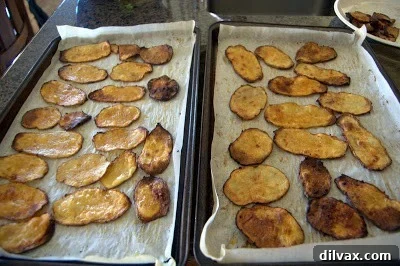Crispy Baked Taco Potato Chips with Fresh Chili-Cilantro Dip 7 Baked potato chips being flipped during cooking for even crisping