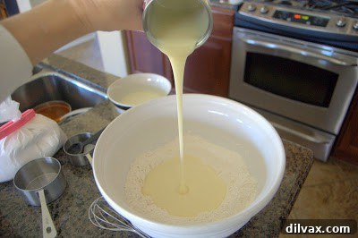 Delightful Eggless Vanilla Cardamom Cake 5 Adding wet ingredients to the dry ingredients in a well