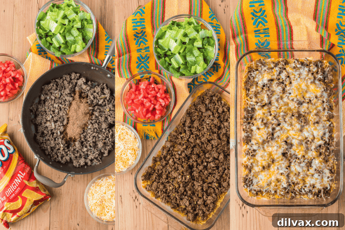 Step-by-step photos showing the preparation of Taco Casserole
