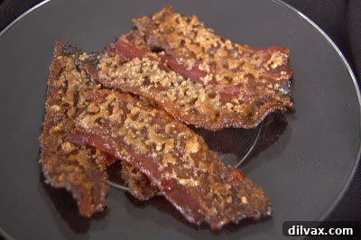 Platter of delicious sugared pecan bacon, ready to be served