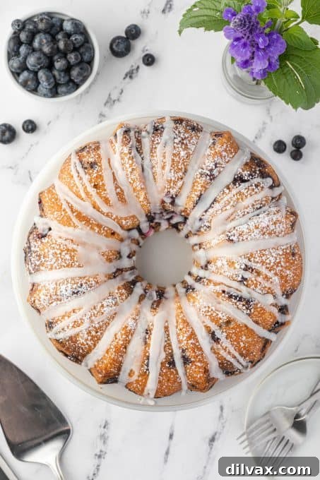 Blueberry Sour Cream Coffee Cake with Crumb Topping 9 Top of a glazed Blueberry Coffee Cake