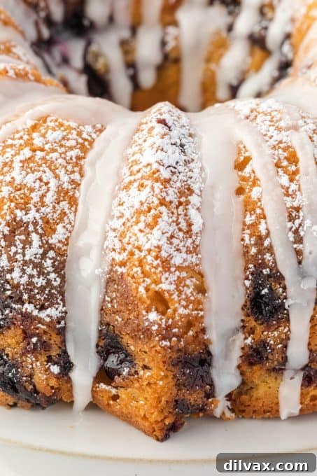 Blueberry Sour Cream Coffee Cake with Crumb Topping 10 Glaze on a coffee cake with blueberries