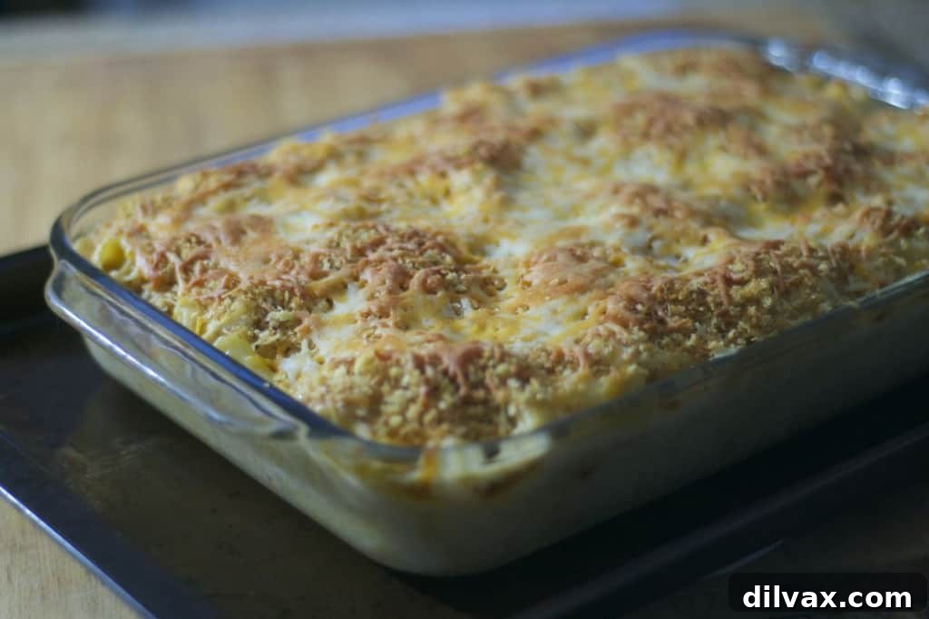 Hearty serving of Barbecue Chicken Rigatoni and Cheese in a baking dish, highlighting the golden crust.