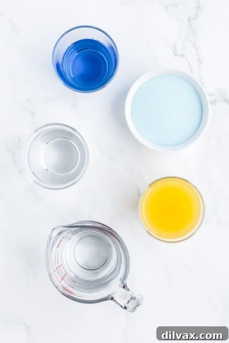 Easy Blue Hawaiian Jello Shots: Bring the Tropics Home 4 All the essential ingredients laid out for making Blue Hawaiian Jello Shots, including rum, blue curaçao, pineapple juice, and Jell-O.