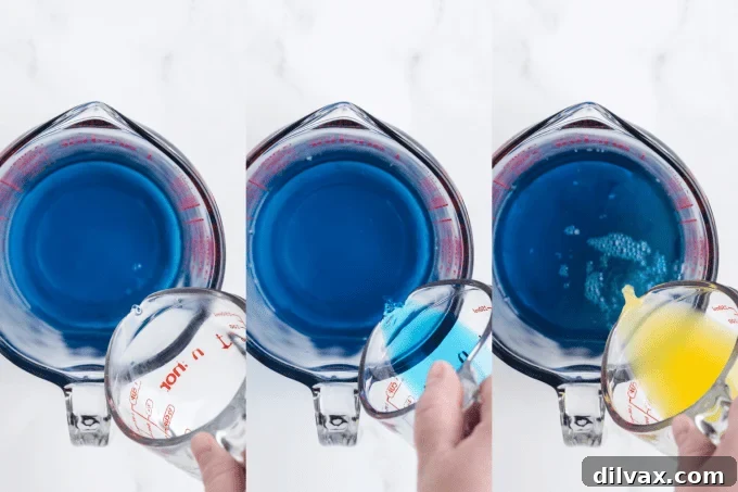 Whip Up Blue Hawaiian Jello Shots 5 Step-by-step process photos showing Blue Hawaiian Jello Shots being made.