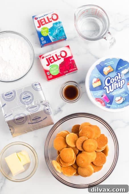 Patriotic Dream Bars 4 Ingredients laid out for Red, White, and Blue Dream Bars