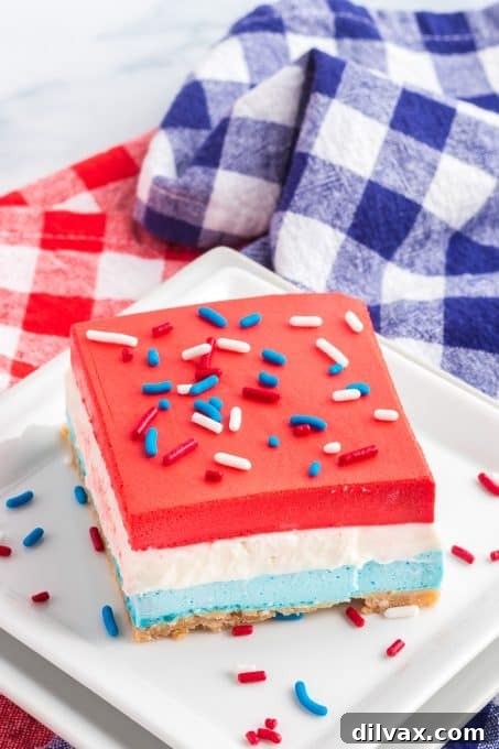 Patriotic Dream Bars 8 No Bake Patriotic Dream Bars ready on a serving platter